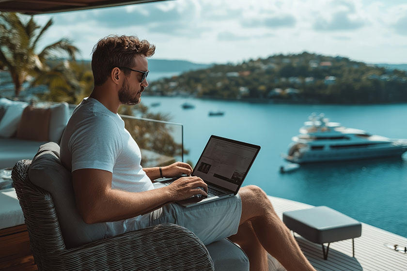 Man using laptop on balcony overlooking luxury yacht